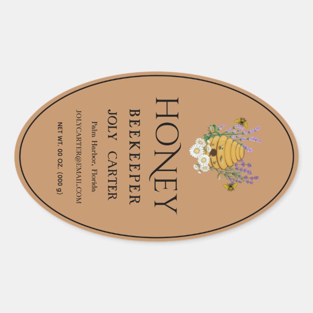Pegatina Ovalada Beekeeping Honey Labels | Honeybee & Honeycomb Des (Anverso)