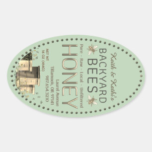 Pegatina Ovalada Bees Hives Backyard y Pequeñas Abejas Jardín Verde