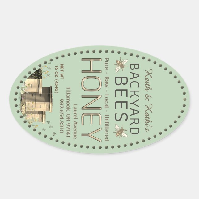 Pegatina Ovalada Bees Hives Backyard y Pequeñas Abejas Jardín Verde (Anverso)