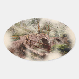 Pegatina Ovalada Beggars Bridge, Glaisdale - Watercolour Art