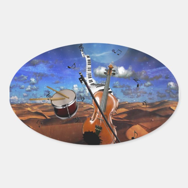 Pegatina Ovalada Bella música nota violín salpicar tambores de pian (Anverso)
