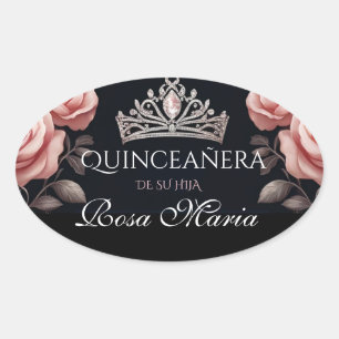 Pegatina Ovalada Bella Rosa de Quinceañera Mexicana