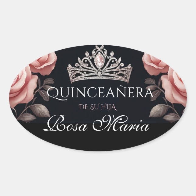 Pegatina Ovalada Bella Rosa de Quinceañera Mexicana (Anverso)