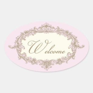 Pegatina Ovalada Bienvenida a la Boda Vintage con Crema de Oro Rosa