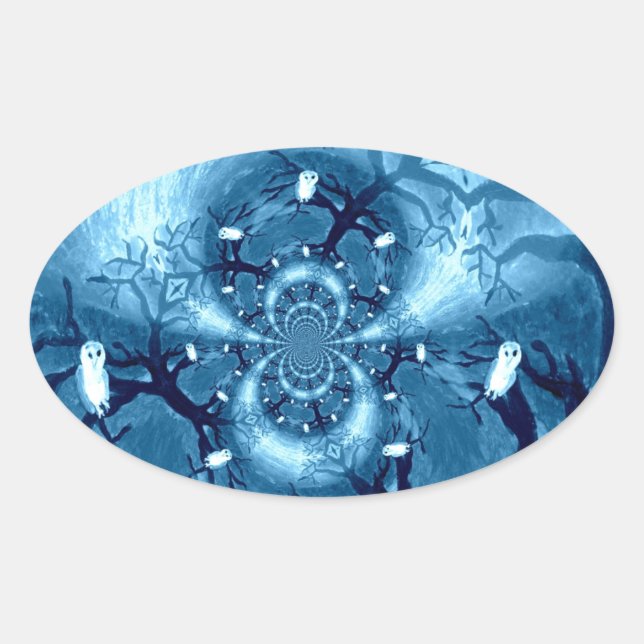 Pegatina Ovalada Bird Pattern Blue Tree Owes (Anverso)