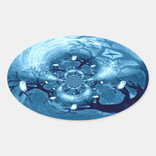 Pegatina Ovalada Bird Pattern Blue Tree Owes