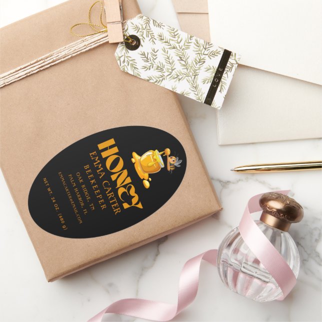 Pegatina Ovalada Black Bee Honey Label Metallic Gold Text  (Regalar)