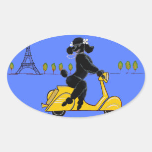 Pegatina Ovalada Black Poodle Scooter Retro Eiffel Tower
