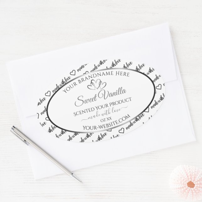 Pegatina Ovalada Black White Word Cloud Product Label Silver Hearts (Sobre)