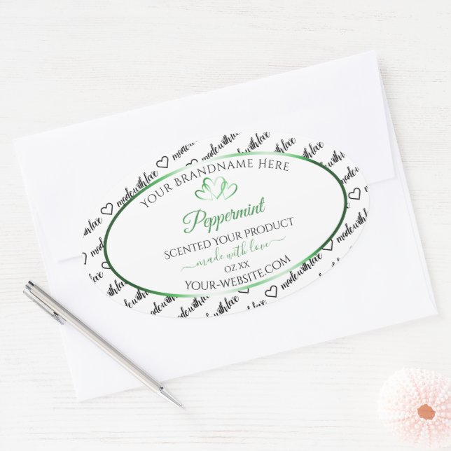 Pegatina Ovalada Black White Word Cloud Product Labels Green Hearts (Sobre)