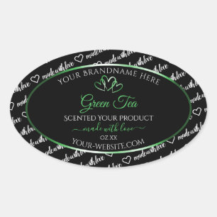 Pegatina Ovalada Black White Word Cloud Product Labels Green Hearts