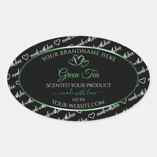 Pegatina Ovalada Black White Word Cloud Product Labels Green Hearts (Anverso)