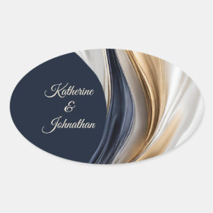 Pegatina Ovalada Blanco y oro Boda-azul moderno