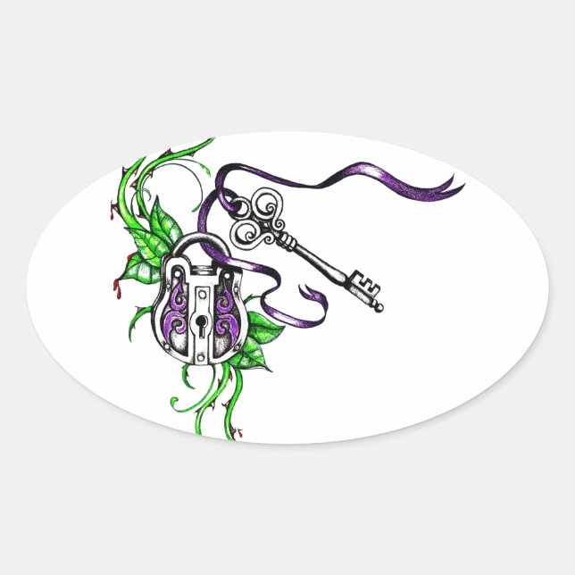 Pegatina Ovalada Bloqueo violeta y diseño de clave (Anverso)