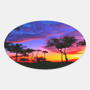 Pegatina Ovalada Blue Red Sunset Exotic Hawaiian Beach Palm Trees