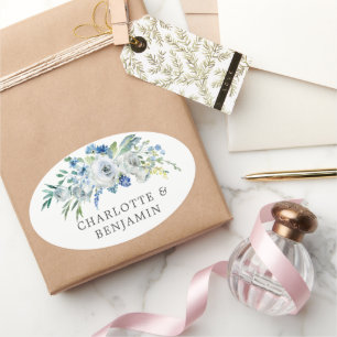 Pegatina Ovalada Blue White Peony Floral Personalizado Boda Jardín