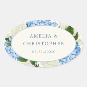 Pegatina Ovalada Boda Clásica de Hortensia Azul y Rosa Blanca