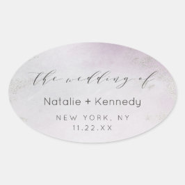 Pegatina Ovalada Boda de acuarela de Relieve metalizado plateado pú