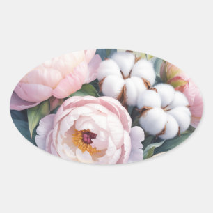 Pegatina Ovalada Boda de Algodón Rosa y Blanco