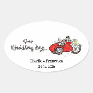 Pegatina Ovalada Boda de moto y sidecar de novios