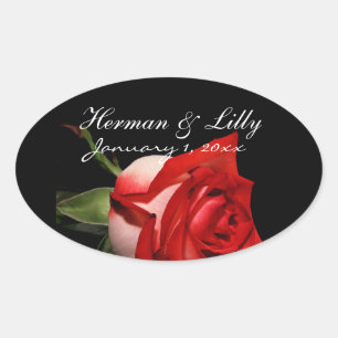 Pegatina Ovalada Boda personalizado de Rosa rojo y blanco