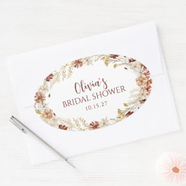 Pegatina Ovalada Boda Rústica Boho Floral Burgundy Personalizada