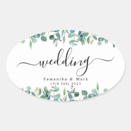 Pegatina Ovalada Boda sencillo y moderno de eucalipto