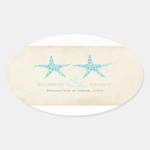 Pegatina Ovalada Boda Turquoise Aqua Starfish Salvar la fecha