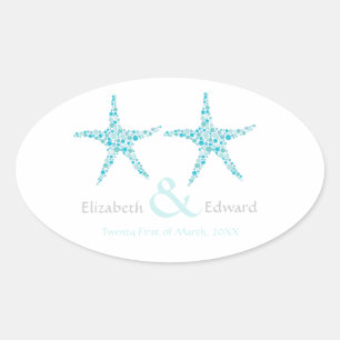 Pegatina Ovalada Boda Turquoise Aqua Starfish Salvar la fecha