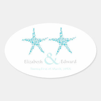Pegatina Ovalada Boda Turquoise Aqua Starfish Salvar la fecha