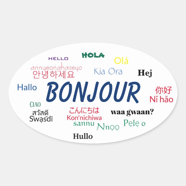 Pegatina Ovalada Bonjour Hello Languages World Travel Colorful (Anverso)