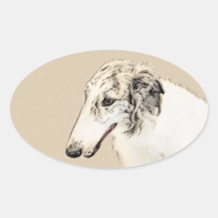 Pegatina Ovalada Borzoi (Brindle plateado) Pintura original de arte