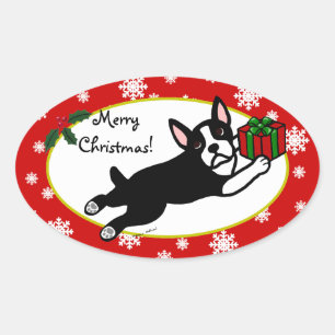 Pegatina Ovalada Boston Terrier Navidades 2 Personalizados de copas