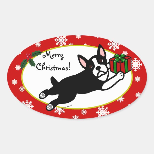 Pegatina Ovalada Boston Terrier Navidades 2 Personalizados de copas (Anverso)