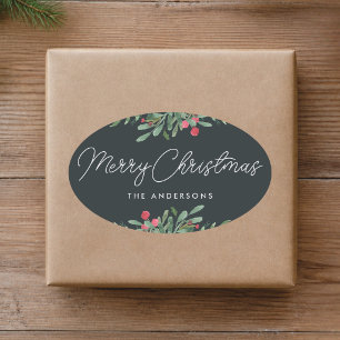 Pegatina Ovalada Botánicas Navideñas Regalo de Fiesta