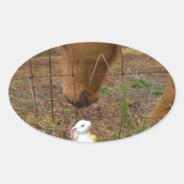 Pegatina Ovalada Buey y flor de primavera Bunny (Anverso)