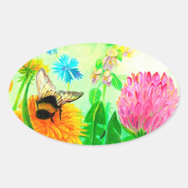 Pegatina Ovalada Bumblebee en dandelion (Anverso)