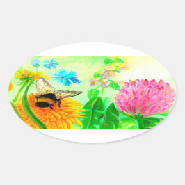 Pegatina Ovalada Bumblebee en dandelion