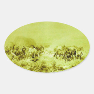 Pegatina Ovalada CABALLEROS, Oval verde de oliva antiguo