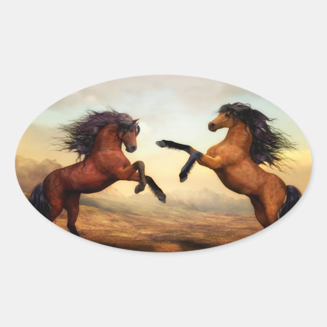 Pegatina Ovalada Caballos salvajes criando (Anverso)