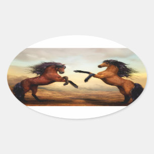 Pegatina Ovalada Caballos salvajes criando