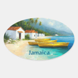 Pegatina Ovalada Cabañas de pesca de Jamaica en la orilla del mar