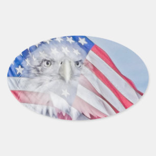 Pegatina Ovalada Cabeza de águila calva y bandera estadounidense