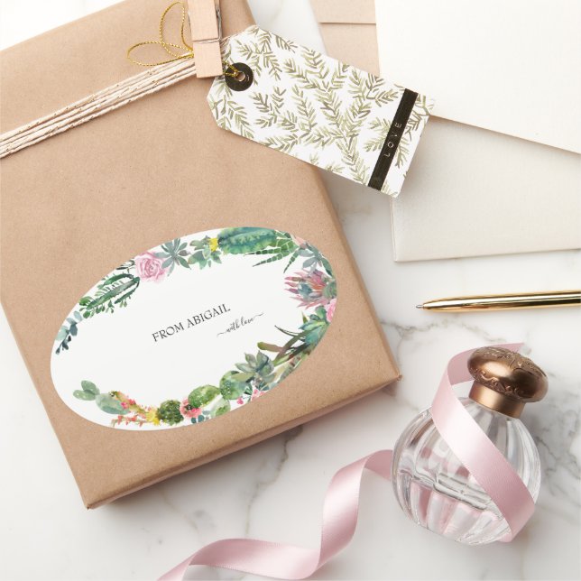 Pegatina Ovalada Cactus Tropical Nombre Personalizado Con Amor (Regalar)