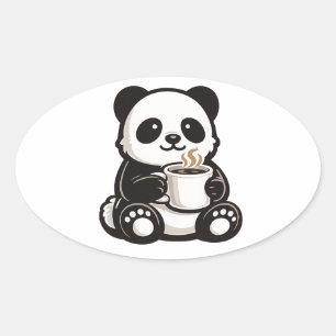 Pegatina Ovalada Café de Panda Adorable – Panda Kawaii Sosteniendo 