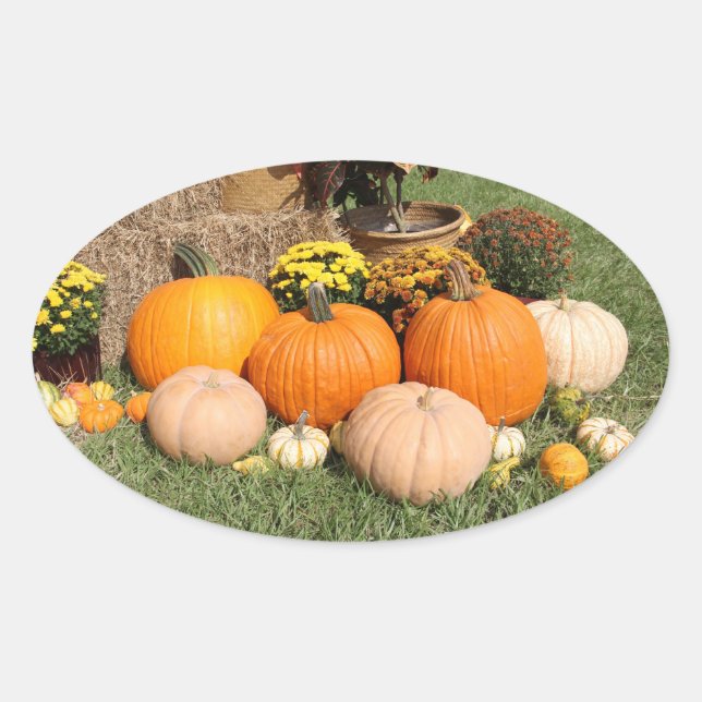 Pegatina Ovalada Calabazas y Mamáes de otoño (Anverso)