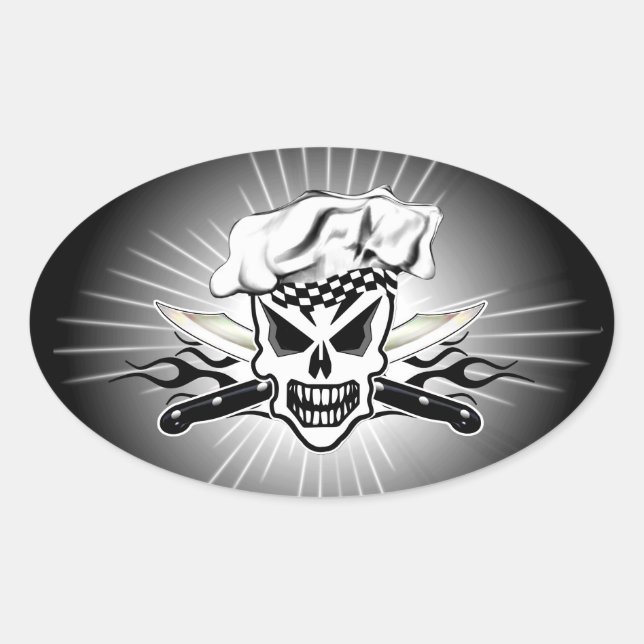 Pegatina Ovalada Calavera de Chef y Cuchillos de Chef Flamante 2 (Anverso)