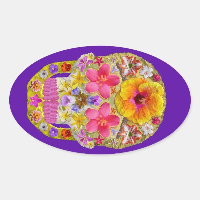 Pegatina Ovalada Calavera de flores 4 - Tropical (Anverso)
