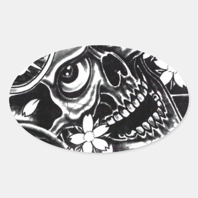 Pegatina Ovalada Calavera de tatuaje japonesa (Anverso)