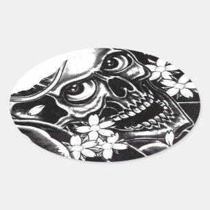 Pegatina Ovalada Calavera de tatuaje japonesa